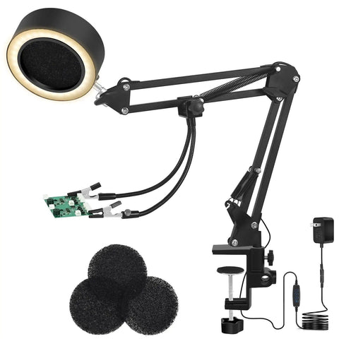 Image of 3 In 1 Solder Fume Extractor Smoke Absorber Fan Lamp With 2 Helping Hands And 3 Carbon Filters, black flexible arms, clamp mount
