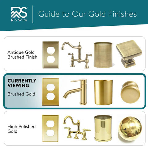 Metallic finishes comparison, highlighting Brushed Gold including Brass Outlet Covers 5 Pack 1 Gang Real Brass Wall Plates.