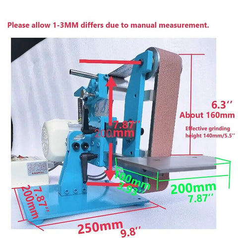 Rock Solid 1100 Watt Electric Belt Sander Workhorse with Polishing Grinder and Knife Sharpener functions close-up side view.