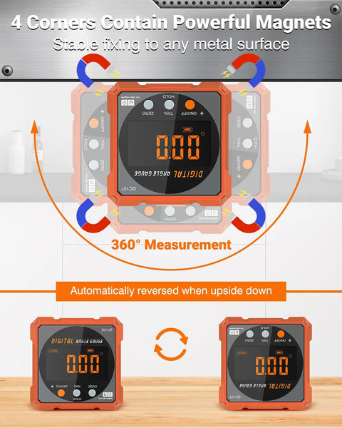 Sleek Digital Angle Finder And Protractor With Magnetic Dual Laser Level Portable Pocket Design For Dead On Accuracy And Auto Inversion High Performance Craft Tool, showcasing powerful magnets and 360° measurement.