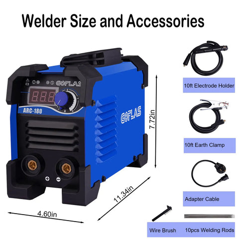 180 Amp Stick Arc Welder Dual Voltage 110 220 Volt Inverter Welder with accessories and dimensions displayed