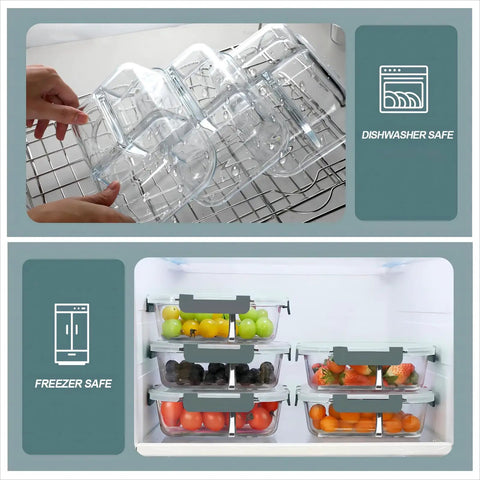 Glass Meal Prep Containers With 3 Compartments, 36 Oz, 5 Pack, Airtight Lids in dishwasher and freezer storage