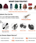 Go To Zipper Repair Kit For Hoodies, Jeans And Handbags With 11 Metal Sliders, 4 End Stops, infographic showing repair uses