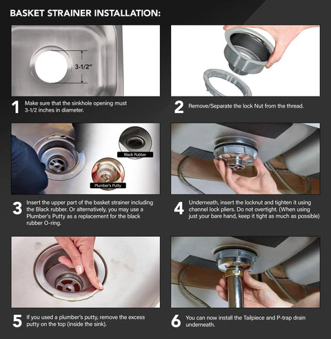 Illustration of Heavy Duty Stainless Steel Kitchen Sink Drain Assembly With Strainer Basket And Rubber Stopper Built To Last Three And A Half Inch Fits Standard Three And A Half To Four And A Half Inch Flanges Durable Plug And Easy Install, showing installation steps.
