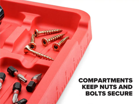 Close-up of red tool tray with compartments for screws, featuring Set Of 2 Flexible Tool Trays Organizer For Screws Nuts Bolts Non Magnetic With Grab And Go Handles Spill Proof Storage For Home Garage And Workshop Red Heavy Duty.