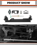 Steering Box Brace For Jeep Cherokee XJ 1984 To 2001 Steel Sector Shaft Support, powder-coated black, parts and installation view