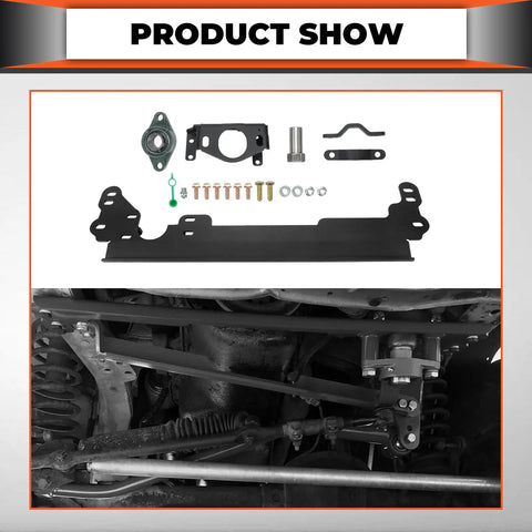 Steering Box Brace For Jeep Cherokee XJ 1984 To 2001 Steel Sector Shaft Support, powder-coated black, parts and installation view