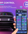 Dope Flexible LED Car Sign With Bluetooth App Control on rear car window, app displaying pattern options on phone screen.