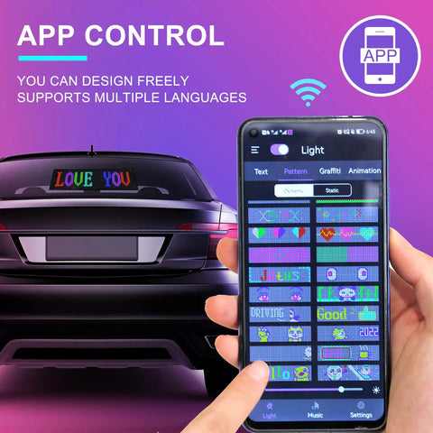 Dope Flexible LED Car Sign With Bluetooth App Control on rear car window, app displaying pattern options on phone screen.