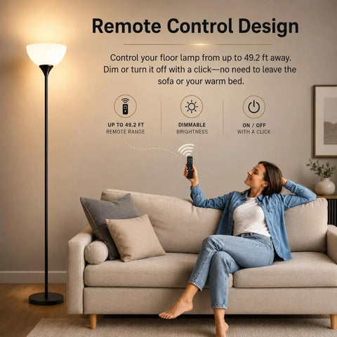 Remote Control Torchiere Floor Lamp With Stepless Dimming And Color Temperature, 9W LED Bulb Included, Up To 49 Ft Range, No Fuss Remote, Easy Setup For Bedroom Or Living Room, Matte Black