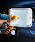 JUDYSSY Led Pir Floodlights 20W with motion sensor, showcasing heat dissipation design and operational use with power tool.