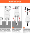 Diagram showing step-by-step use of Lug Nut Removal Kit For Stripped And Frozen Bolts With Half Inch Drive 5 Piece Wheel Lock Removal Set ThinkWork Hammer Tap Tool For Damaged Rounded Rusted Bolts And Stubborn Wheel Nuts With Plum Shaped Internal Thread Design For Strong Torque.