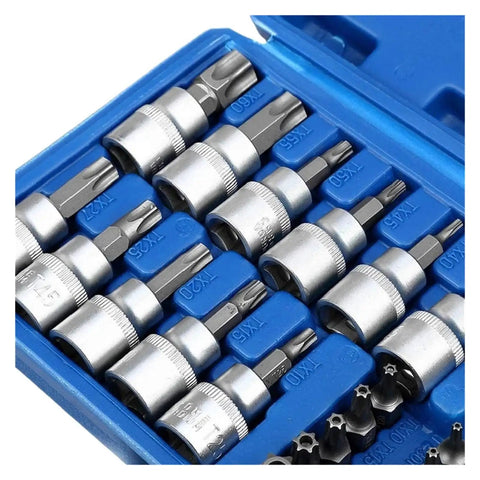 34 Pc Pro Torx Star Socket And Bit Set With Male And Female Security Bits Drive Hand Tool Kit For Heavy Duty Auto Repair And Tough Bolt Loosening Tasks, blue case