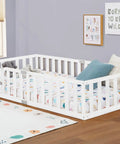 Twin Size Solid Wood Montessori Floor Bed Frame With Secure Guard Rail And Playful Front Door Design, low to ground design.