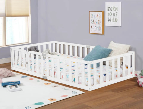 Twin Size Solid Wood Montessori Floor Bed Frame With Secure Guard Rail And Playful Front Door Design, low to ground design.