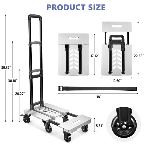 KEDSUM aluminum panel folding hand truck dolly, 6-wheeled luggage cart, 600 lb capacity, foldable 90/135-degree.