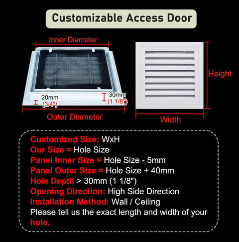 Customizable access door dimensions, 30mm outer diameter, suitable for wall or ceiling installation.