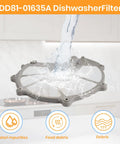 Dishwasher Mesh Filter Replacement DD81-01635A Hump Version with water filtering debris illustration.