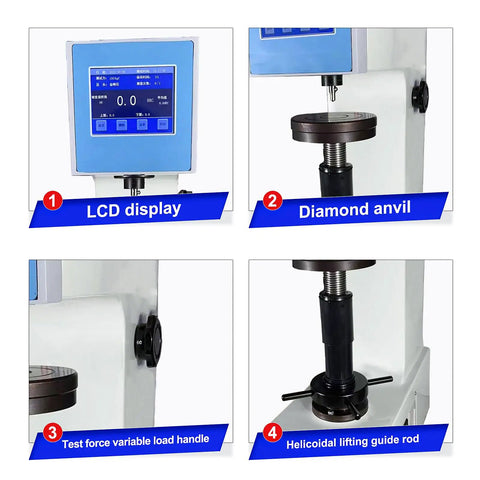 Heavy Duty Rockwell Hardness Tester Featuring A Smooth Touch Screen Interface For Testing Steel And Aluminum. LCD display, diamond anvil, load handle.