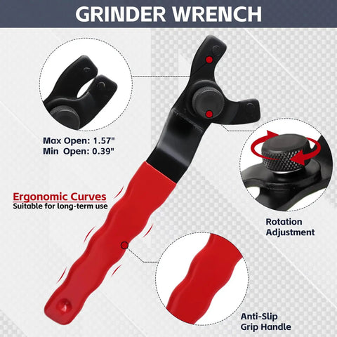 Grinder wrench with ergonomic red handle, rotation adjustment, and anti-slip grip from All-In-One 12-Piece Grinder Nut And Wrench Set.