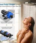 Woman showering with 110V Water Pump With Pre-Pressurized 1L Accumulator Tank, Quiet Water Transfer System, 7 GPM At 70 PSI With 125 PSI Tank