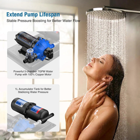Woman showering with 110V Water Pump With Pre-Pressurized 1L Accumulator Tank, Quiet Water Transfer System, 7 GPM At 70 PSI With 125 PSI Tank