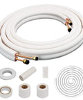 Coiled Go To 33 Foot Insulated Copper Aluminum Line Set For Ductless Mini Split Air Conditioning And Heat Pump Systems, 1/4 Inch And 3/8 Inch Fittings, Universal Size, Compatible With Most 9000 Btu Units with accessories.