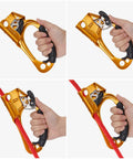 Four images of Right Hand Orange Rope Ascender for 8-13mm rope showcasing aluminum clamp, hand grip, and rope attachment.