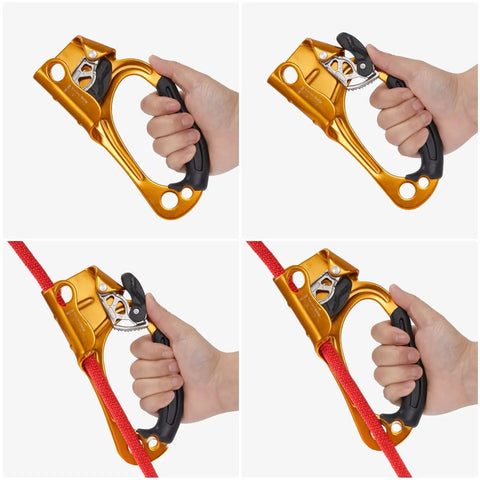 Four images of Right Hand Orange Rope Ascender for 8-13mm rope showcasing aluminum clamp, hand grip, and rope attachment.