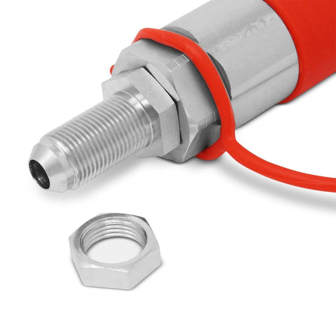 Hydraulic quick-connect coupler with red housing, threaded male end, and hex nut