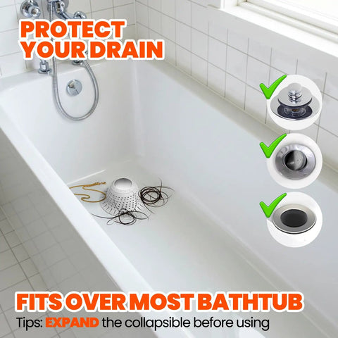 Universal Silicone Bathtub Drain Strainer With Tall Dome Design For Quick Shower Hair Catcher And Jewelry Protection No Sweat Setup Fits Standard US Sizes Like A Glove And Keeps Your Drains Clear in a white tub with hair and a drain cover.