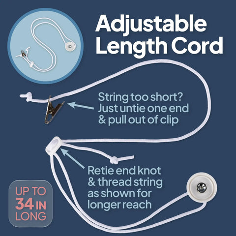 Pull String Alarm For Fall Prevention And Anti Wandering With Chair Magnet Clip showing adjustable length cord.