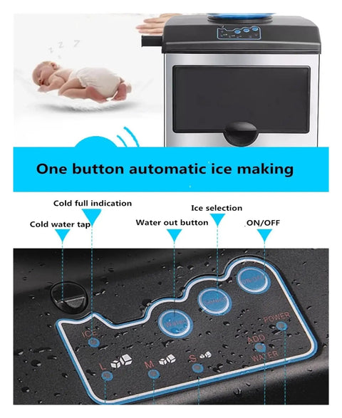 Pro Hustle Electric Countertop Bullet Ice Maker Machine For Home RV Campsite showing control panel with buttons and water tap.