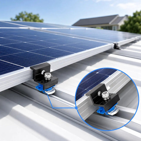 Heavy Duty Solar Panel End Clamp Kit With Anodized Aluminum Brackets And Stainless Screws For Rock Solid Roof Mounts, displaying installation on solar panels.