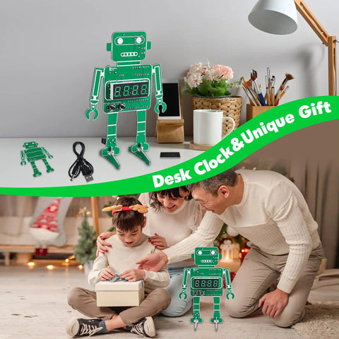 Alarm Clock Soldering Practice Kit For Students And Makers Build Your Own 4 Digit Robot Digital Clock with accessories on desk.