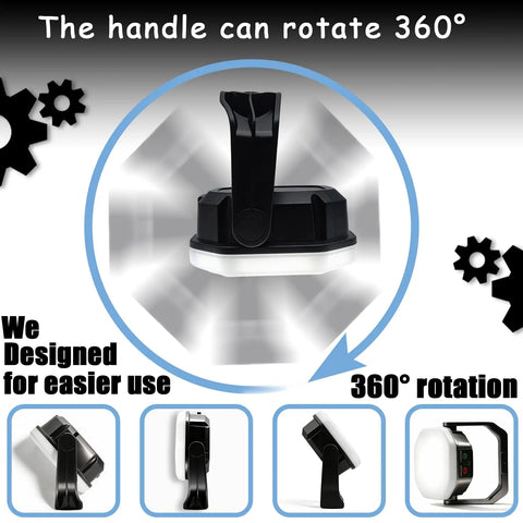 Go To Rechargeable Solar Camping Lantern With 6600mAh Battery And 4000 Lumens Output showing 360-degree rotating handle