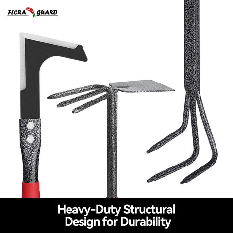 Heavy Duty 6 Piece Garden Tool Set With Trowel Rake 2 In 1 Hoe And Crack Weeder Cultivator and more tools in close-up view