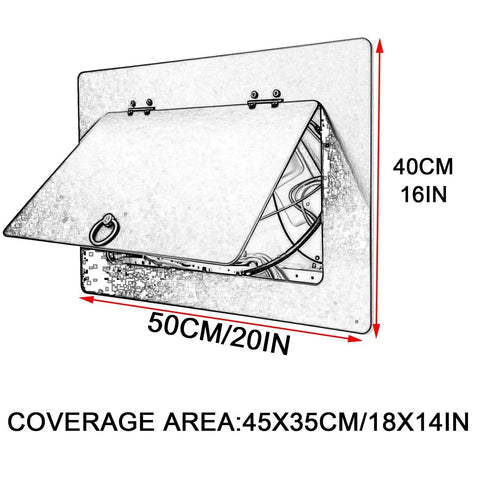 Slick Drywall Access Panel With a Quick Grab Ring Pull Handle showing dimensions, open for plumbing and electrical access.
