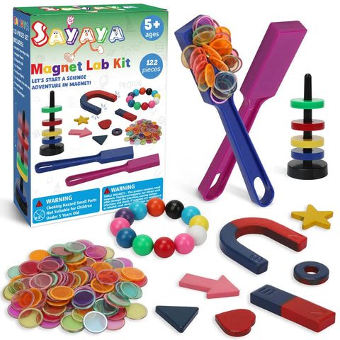 122 Piece Magnetic Science Kit For Kids With Colorful Chips, Magnetic Balls, Wands, Magnets, And Rings shown with packaging