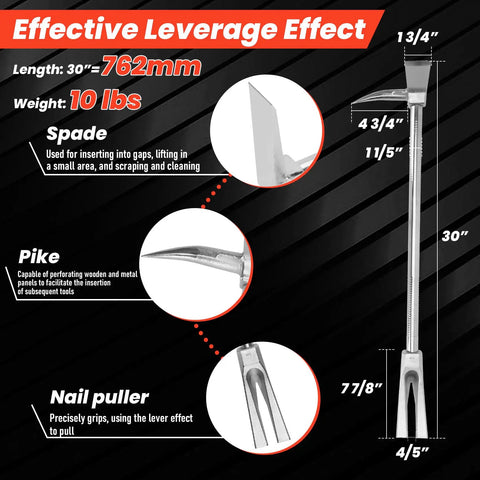 Diagram of 45 Grade Steel Halligan Bar 30 Inch Four In One Fire Rescue Tool with detailed features like spade, pike, and nail puller.