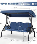 Three Seat Outdoor Porch Swing With Adjustable Canopy And Stand 2 In 1 Patio Swing Bed For Adults Up To 800 Lbs, dimensions shown