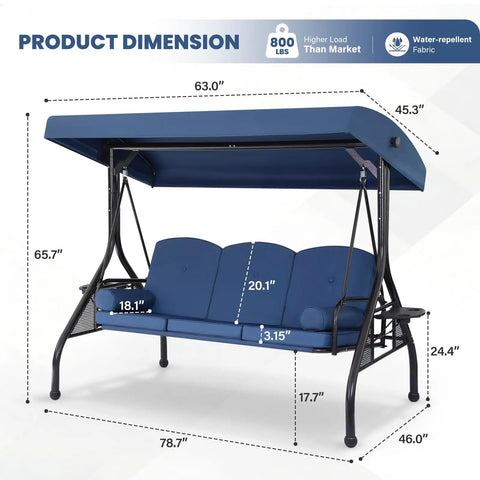 Three Seat Outdoor Porch Swing With Adjustable Canopy And Stand 2 In 1 Patio Swing Bed For Adults Up To 800 Lbs, dimensions shown