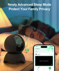 Straight Up Reliable Indoor Security Cam With Smooth 1080P HD Stream And Effortless Dual Band WiFi Pairing For Pets And Little Ones With Solid Night Vision Instant Motion Pings Two Way Chat And Plug Play SD Or Cloud Backup on a bedside table with a smartphone displaying sleep mode.