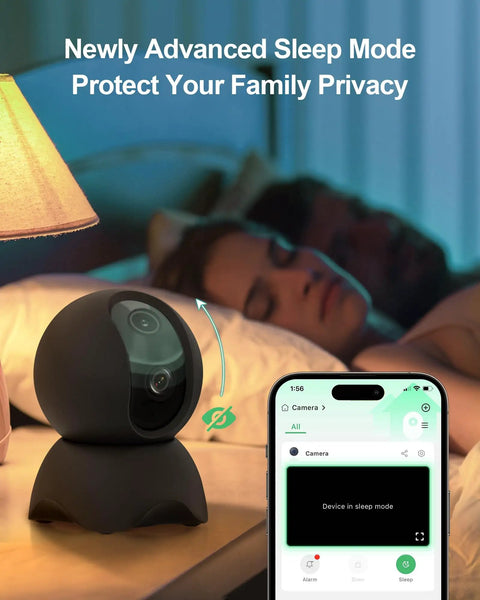 Straight Up Reliable Indoor Security Cam With Smooth 1080P HD Stream And Effortless Dual Band WiFi Pairing For Pets And Little Ones With Solid Night Vision Instant Motion Pings Two Way Chat And Plug Play SD Or Cloud Backup on a bedside table with a smartphone displaying sleep mode.