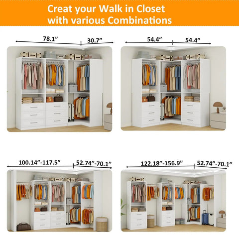 Game-Changing Modular Closet System With 6 Wooden Drawers And Corner Config, Heavy-Duty Walk-In Wardrobe Organizer With 7 Hanging Rods in various layout combinations.