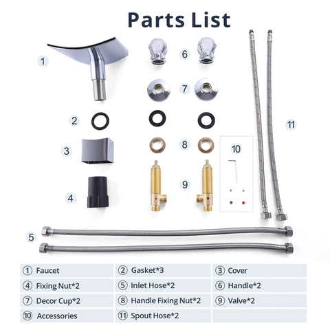 Parts list for Waterfall Bathroom Faucet For 8 Inch Widespread 3 Hole Vanity Deck Mount With Two Crystal Handles, Stainless Steel Polished Chrome Finish