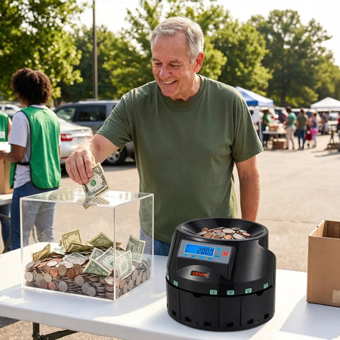 Heavy Duty US Coin Counter Sorter And Wrapper Machine Handles 5 Denominations in use at an outdoor event.