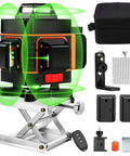 Self Leveling Laser Level Kit With Four 360 Degree Green Beams, 100ft Range, Dual Horizontal And Vertical Cross Lines, Integrated Bracket, Remote Control, Pro Grade For DIY Or Professional Jobs, shown with accessories and carry case.
