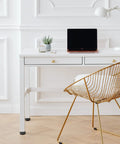 White desk with metal chair on hardwood floor in office using Heavy Duty 8 Pack 3/8-16 Threaded Furniture Levelers With Adjustable Feet.