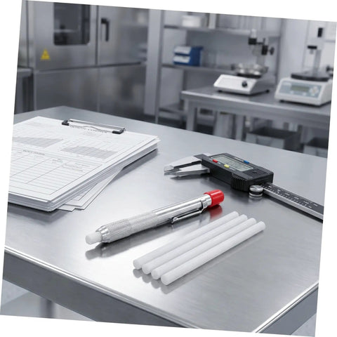 Soapstone Marking Pencil With Aluminum Holder For Welding Supplies on a table with sheets and calipers